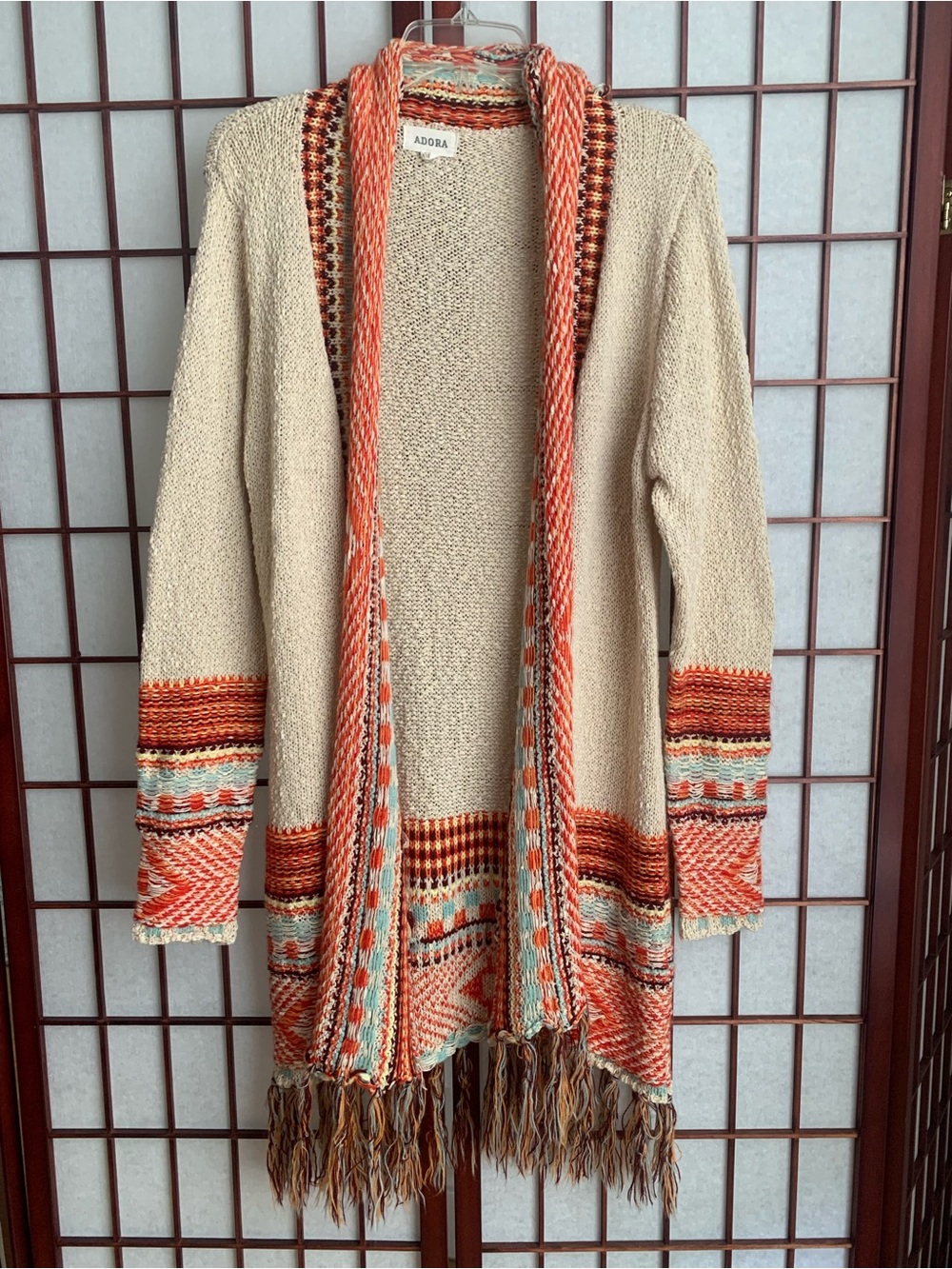 EUC ADORA Tribal Print Oatmeal/Orange/Blue Fringe Cardigan Sweater Size S/M